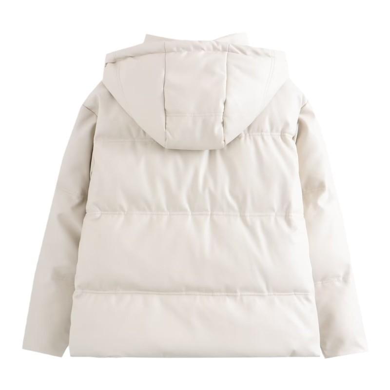 Womens Y2K Streetwear Faux Leather Hooded Puffer Jacket Warm Thick Cotton-Padded Coat Winter