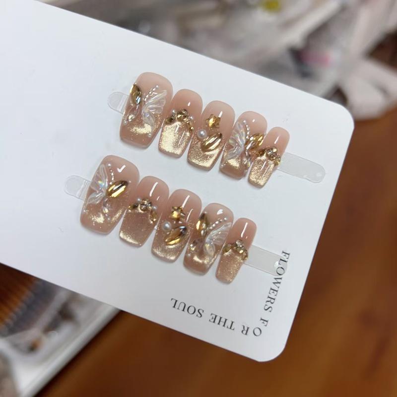 10pcs French Cat Eye Gilded Butterfly Handmade Fake Nails Dazzling Press On Nail Tips