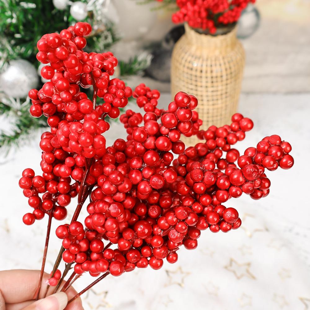 100/1Pcs Artificial Berries Red Cherry Stamen Fake Berries Pearl Beads DIY Christmas Wreath New Year Party Gifts Decorations