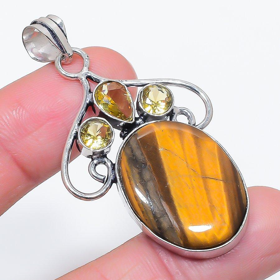 Natural Tiger Eye, Citrine 925 Sterling Silver Jewelry Pendant 2.25" K9L53
