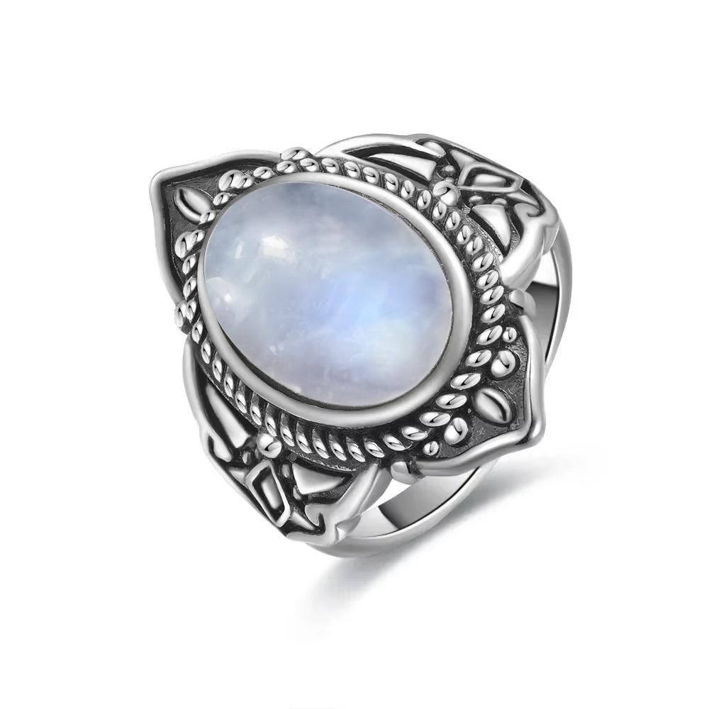 Vintage 925 Sterling Silver Natural Moonstone Rings Bohemia Oval Shape Retro Ring Gifts Fine Jewelry for Women Men