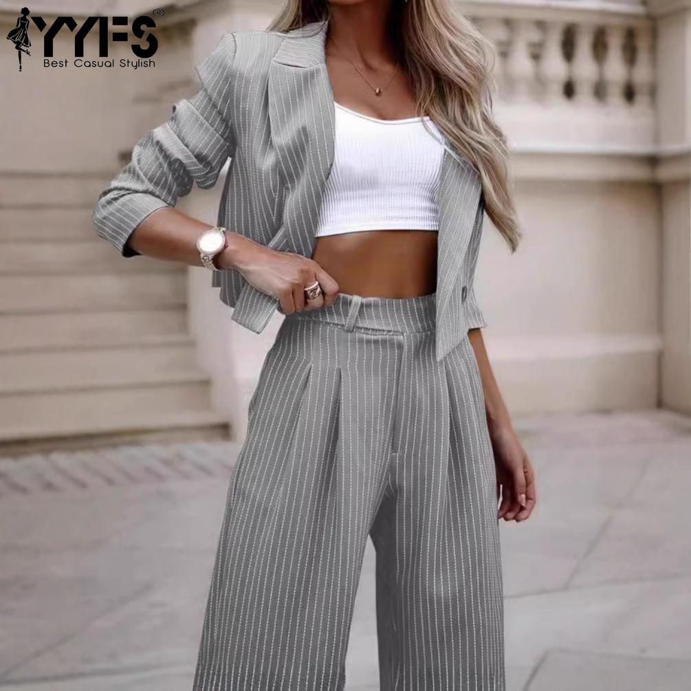 YYFS Women's Fashion Casual Spring Autumn Stripe Print Long Sleeve POLO Neck Trousers Pants Suits