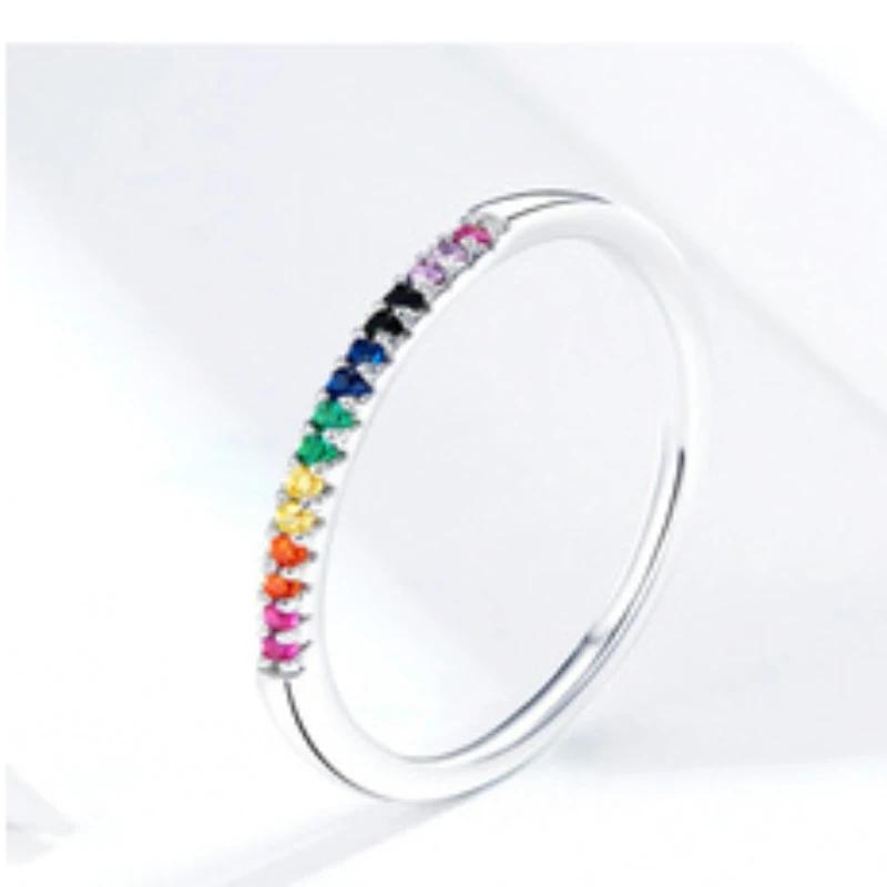 Copper Inlaid Zircon Full Inlaid Colorful Zircon Rainbow Ring Simple and Niche Design Sense Single Row Simple Ring Wholesale