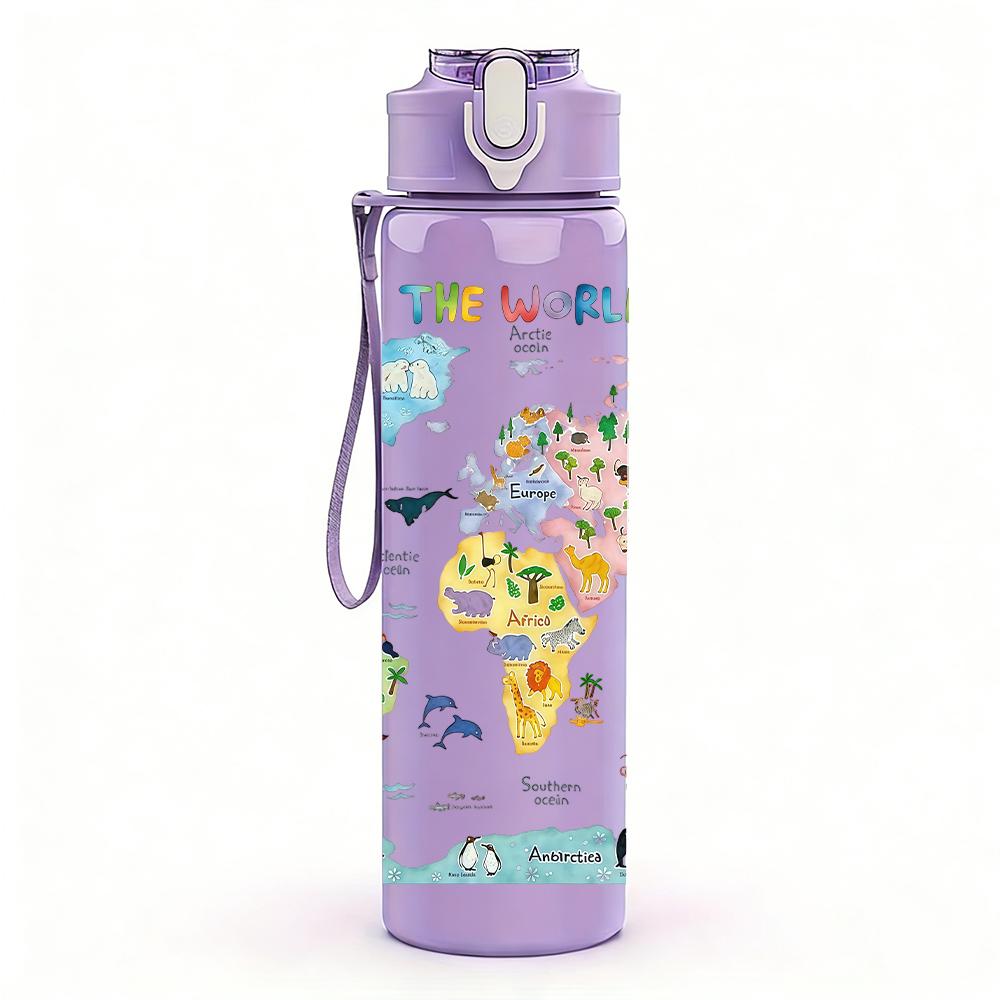 1PC Multicolor Vintage World Map Layout 750ml Color Plastic Water Bottle Leakproof Flip Straw Lid For Sports Office Home Use