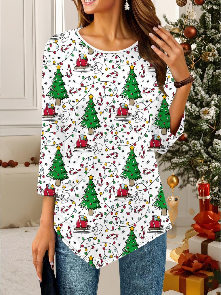 Women's Loose Round Neck Three Quarter Sleeve Tee 3D Christmas Pattern Ideal Halloween and Christmas Gift