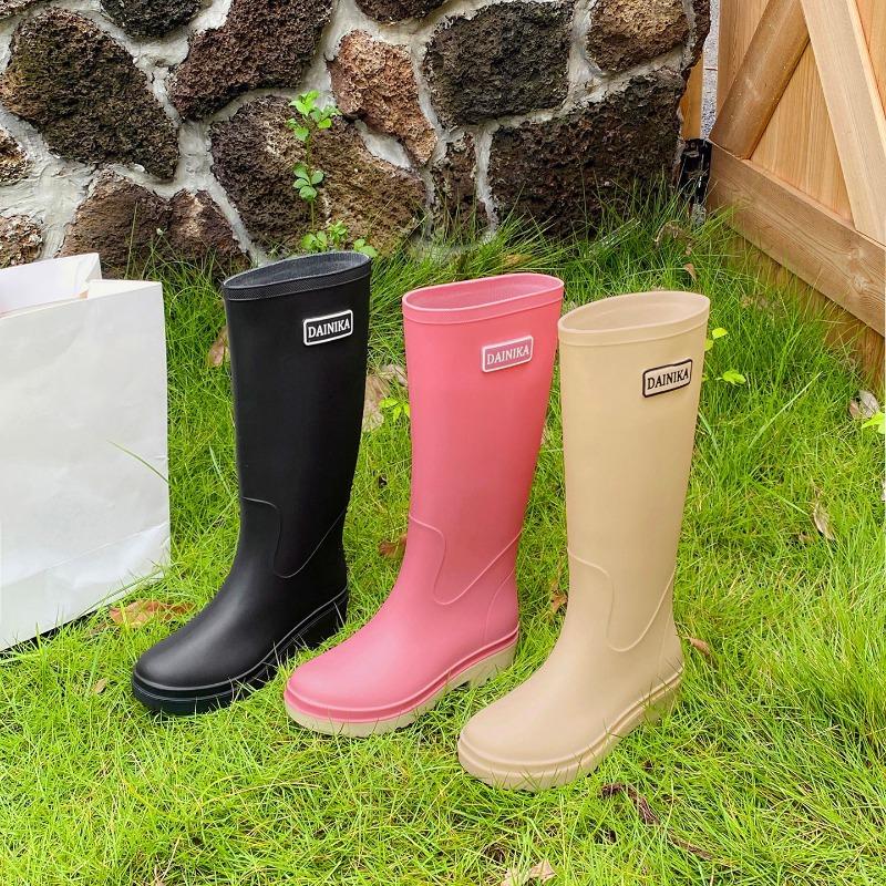 Solid Color Rain Shoes Women's High Tube Thick-soled Water Boots Long Tube Rainy Day Rain Boots Velvet Rubber Shoes