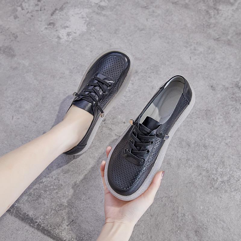 

2025 summer new leather punching small white shoes soft sole soft leather pregnant women versatile comfortable nurse shoes large size women s shoes 41