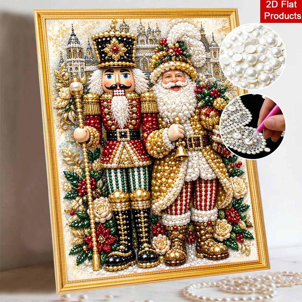Nutcracker and Santa Pearl Painting with Frame 3D Sparkling Canvas Art Relaxing Craft for Bedroom Wall Decor Festive Holiday Home Gift