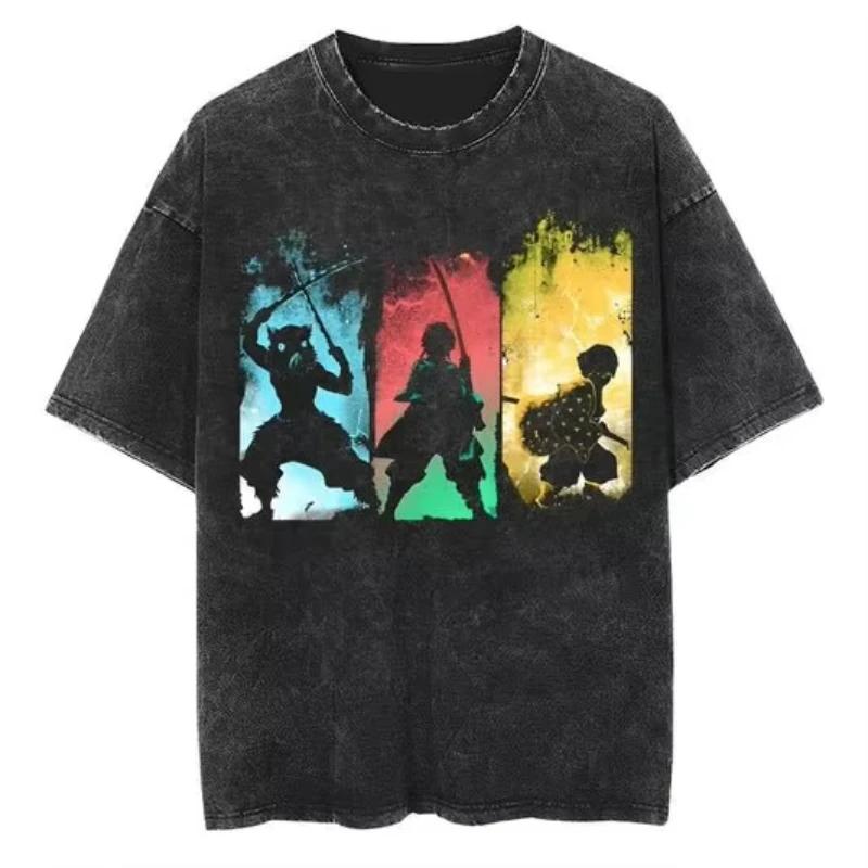 2026 Hot Oversized Demon Slayer T-Shirt Men Women Short Sleeve Tee Anime Print Washed Streetwear Summer Casual Tops Y2k Clothes