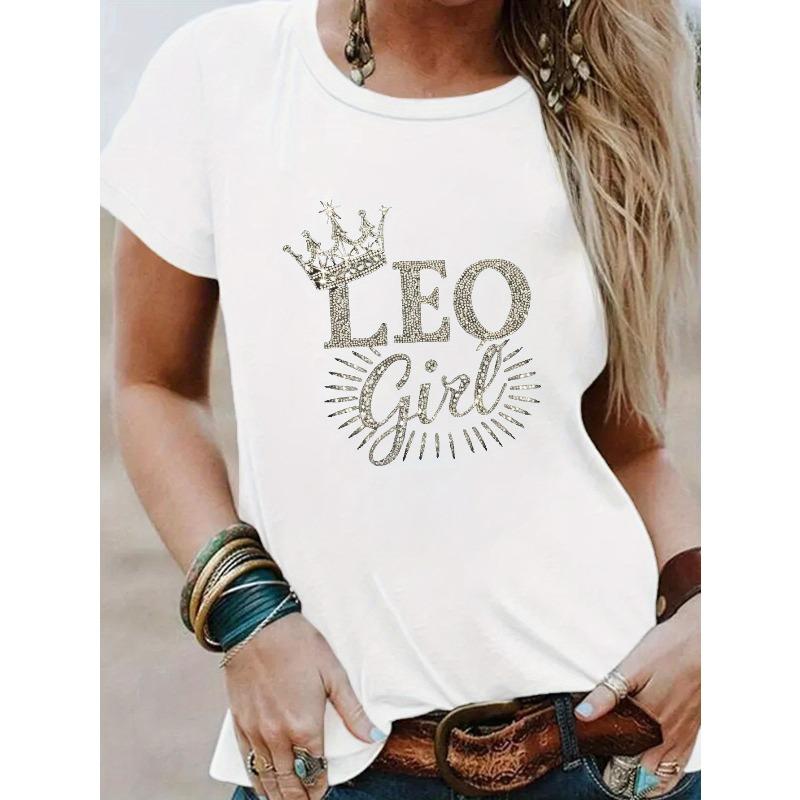 European sizes Casual Short-Sleeve Crew Neck T-Shirt Featuring a Leo with a Crown, Perfect for Spring And Summer Women'S Fashion