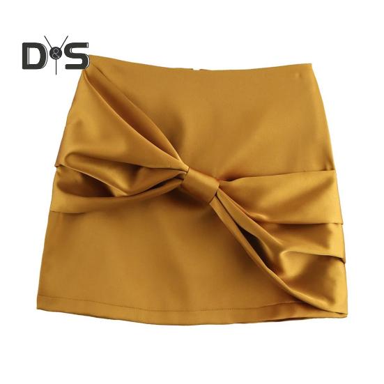 

Женская мини-юбка из искусственного атласа с высокой талией, короткая юбка с застежкой-молнией сзади, с бантом, однотонная юбка S жёлтый