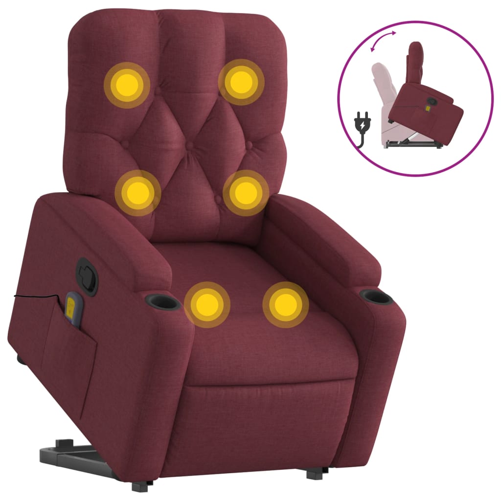 Massage Recliner with Rising Assistance Burgundy Fabric