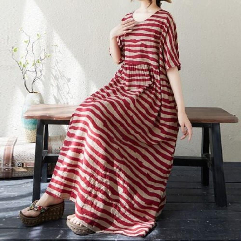 Navava Loose Fit Striped Round Neck Short Sleeve Long Dress No912