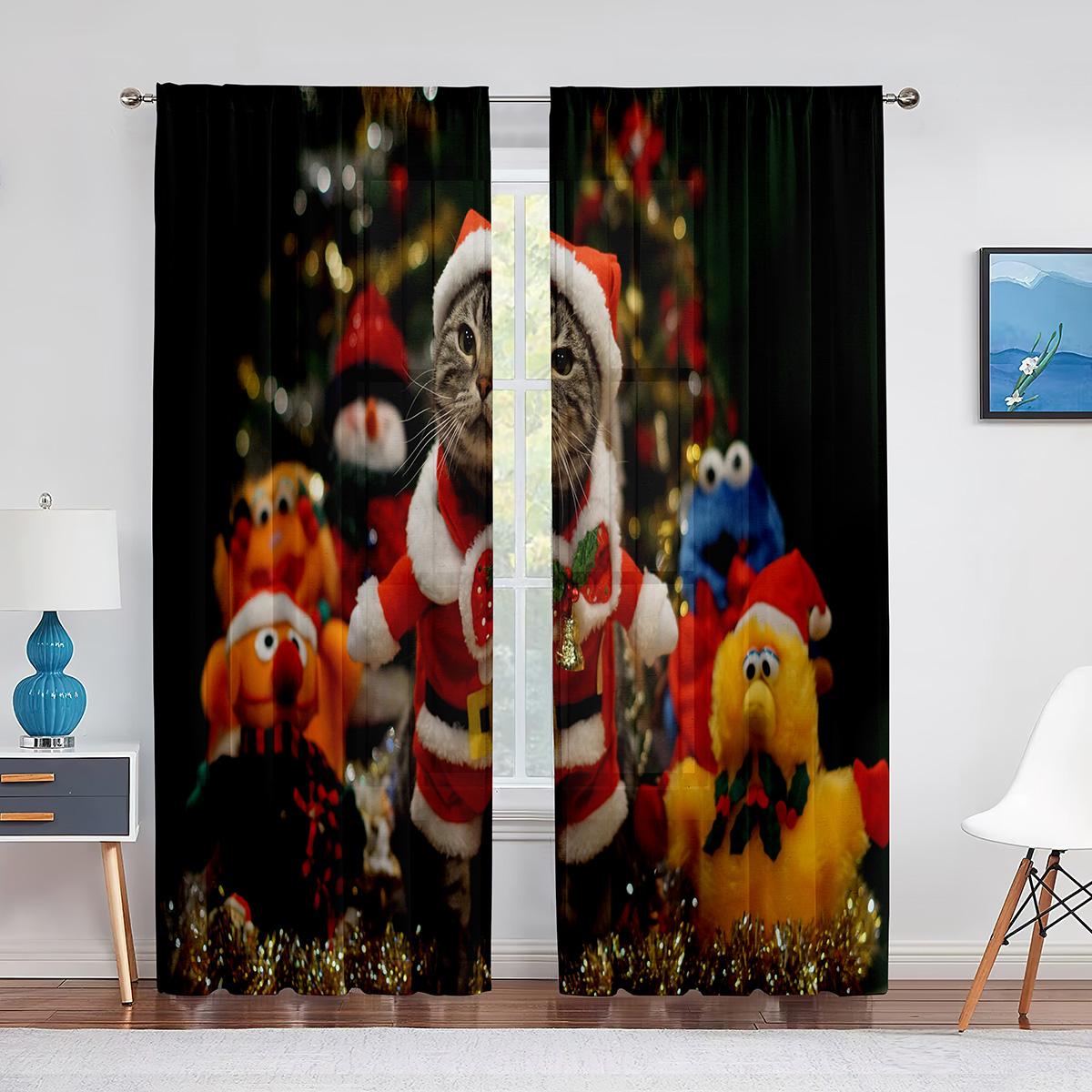 

Рождественский веселый снеговик Санта-обнимающее дерево Тюлевые оконные занавески из прозрачной вуали для гостиной, украшения для спальни 1 PCS W100XH250cm&Grommet Top