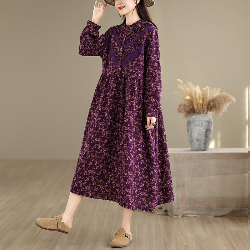 long sleeve Plus size Cotton linen vintage floral new in dresses for women casual loose long spring autumn dress
