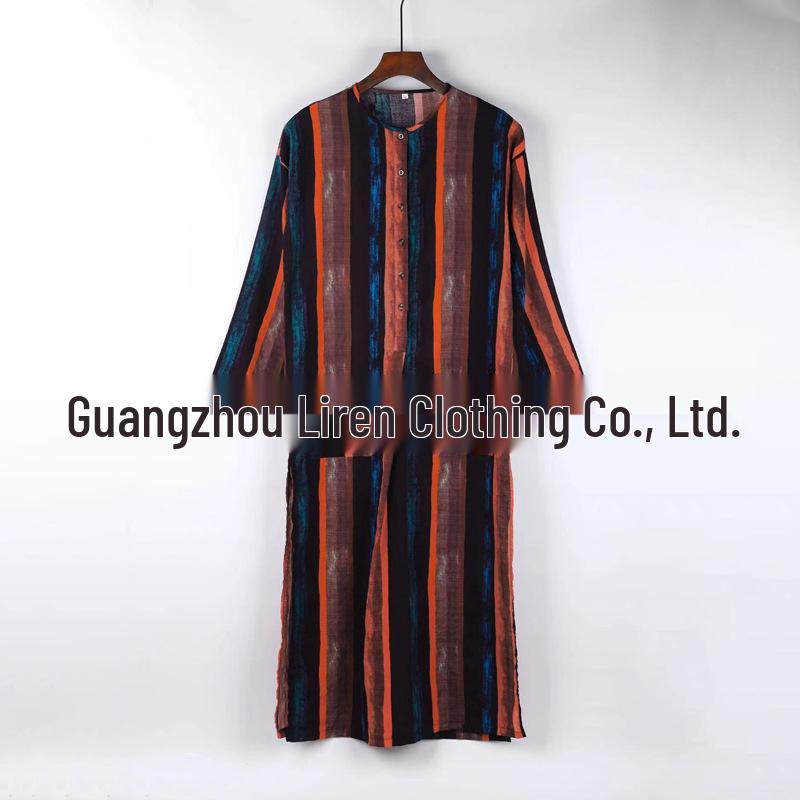 Men's Ethnic Striped Stand-Collar Long Sleeve Robe - Southeast Asian & Middle Eastern Style