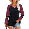 Ladies' Casual And Fashionable Color Blocked Round Neck Long Sleeved Casual Loose T-shirt Top