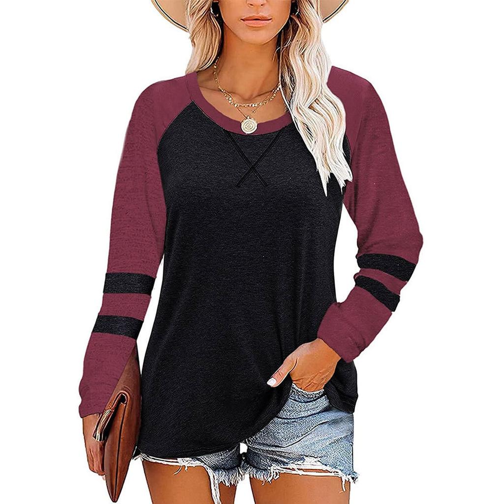 Ladies' Casual And Fashionable Color Blocked Round Neck Long Sleeved Casual Loose T-shirt Top