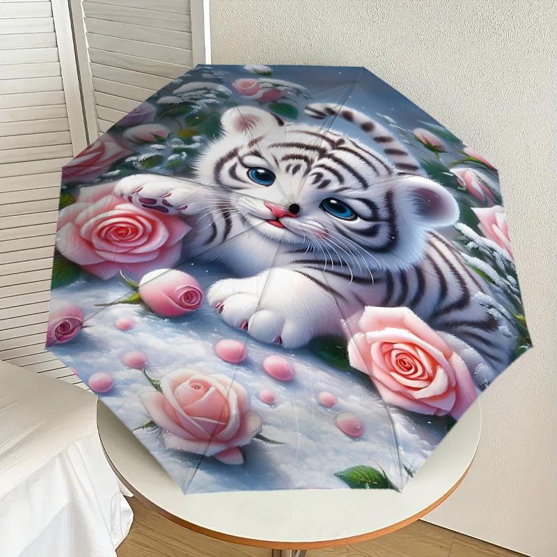 1PC tiger cub, pink roses Automatic Open/Close Umbrella with Windproof, 8-Rib Sturdy Canopy, Durable Ribs, Fashionable Design, Outdoor Accessory, Fun