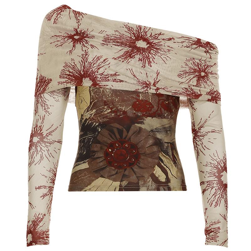 Retro síťované patchworkové krátké topy na jedno rameno s potiskem rostlin, sexy kontrastní barvy, slim fit košile s dlouhým rukávem pro pikantní dívky, dámská trička