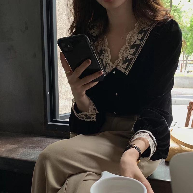 2025 V-Ausschnitt Spitze Patchwork Samt Oberteil - Damen Koreanischer Hofstil