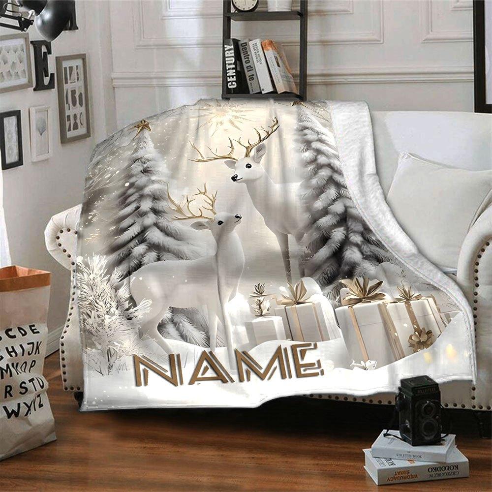 Winter Deer And Snowy Trees Home Customize Your Name Blankets Comfortable Soft Lightweight Allseason Blanket For Picnic Sofa Office Bed Living Room