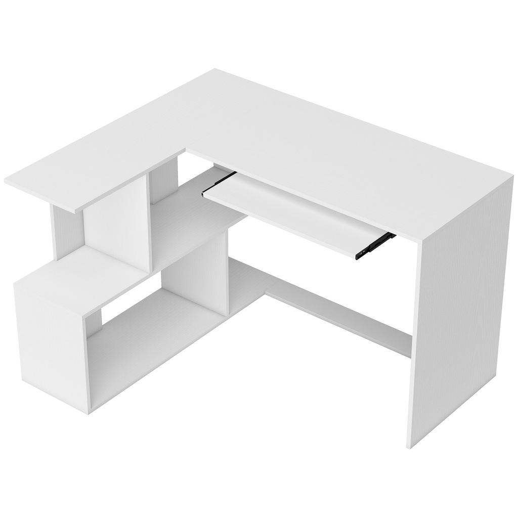 L Shaped Corner Desk Computer Desk With Keyboard Tray And Open Shelves White Wood Effect