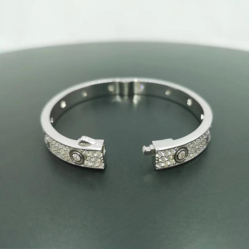 MOJY High Quality 16~21cm PT950 Platinum Bracelet Inlay Moissainte 6mm Wide Three Rows of Full Diamond Couple Jewely for Women