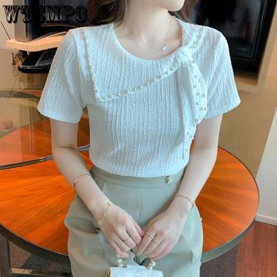 Brand Vară Damă Șifon Franțuzesc cu Sens al Designului Nișă Mărgelat cu Șireturi Tricou cu Mânecă Scurtă Topuri Slim și Subțiri