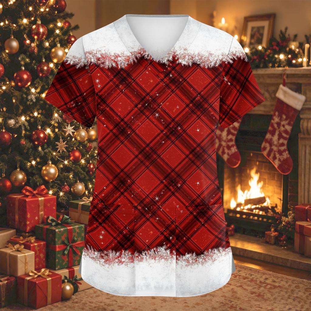 Women's V-Neck Short Sleeve Christmas Print Work Tunic Top with Pockets and Side Slits