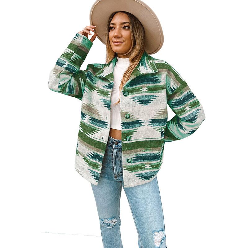 

YYFS Женская мода Повседневный цветной блок печати Осень Зима Длинный рукав POLO воротник куртки и пальто S