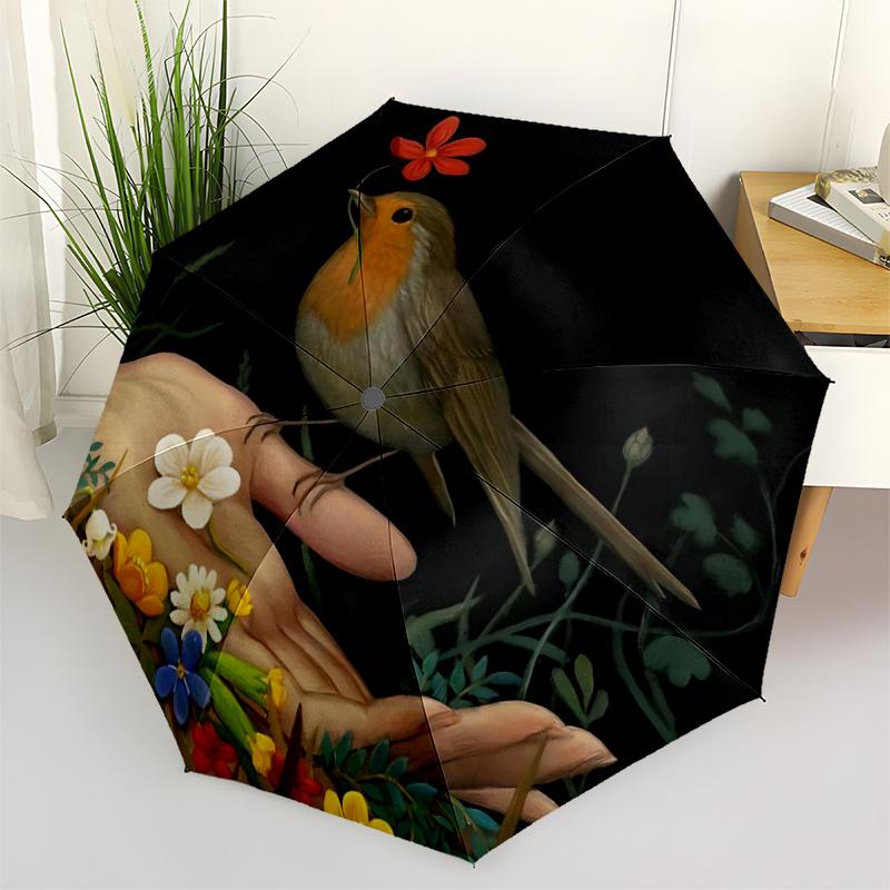1pc Bird Flowers Automatic Open/close Umbrella, 8-Rib Sturdy Structure, Portable Travel Umbrella, Parties, Everyday Use,38