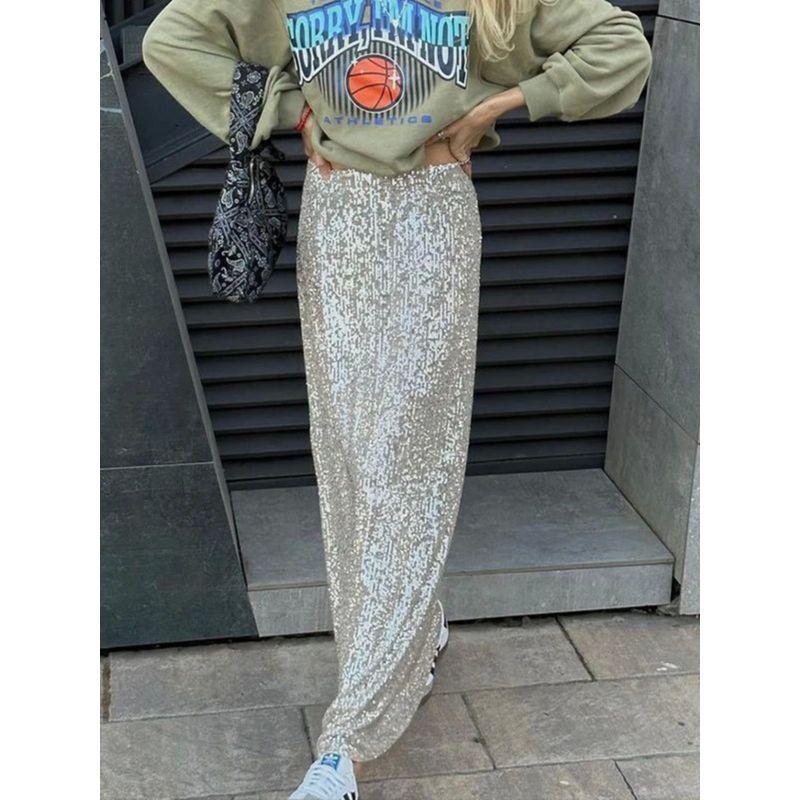 Sequin Elastic Waist Slim Fit Skirt Sequin Elastic Waist Silm Straight-leg Skirt