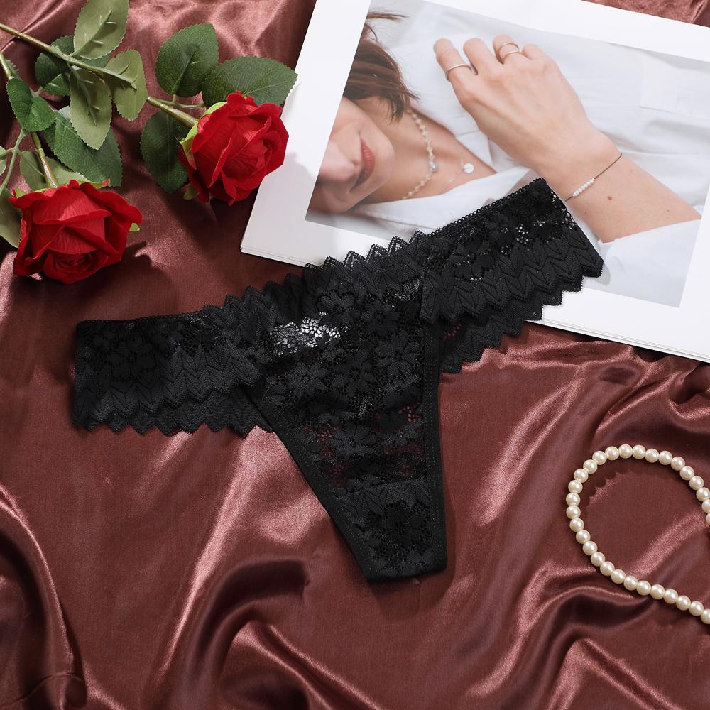 Women's Thongs Sexy Perspective Lace Flower Pattern Hollow Out Low-Waist Butterfly Knot Breathable Intimates Super Comfortable