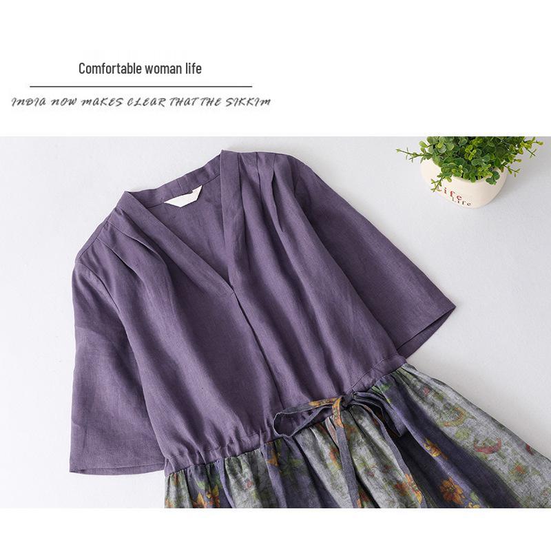 2026 Summer Retro Ethnic Printed Color Block Artistic Travel Loose Slimming Mid-Length Dress for Women