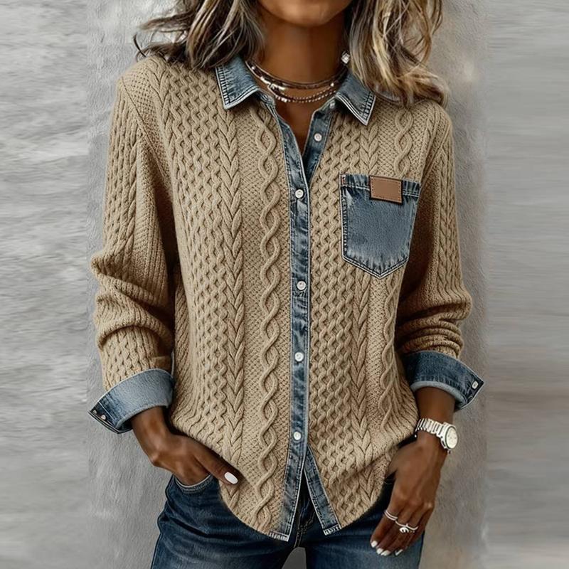 Women Denim Patchwork Knitted Sweater Turn-down Collar Button Top Cardigan Winter Long Sleeve Knitwear Shirt Outerwears Jackets