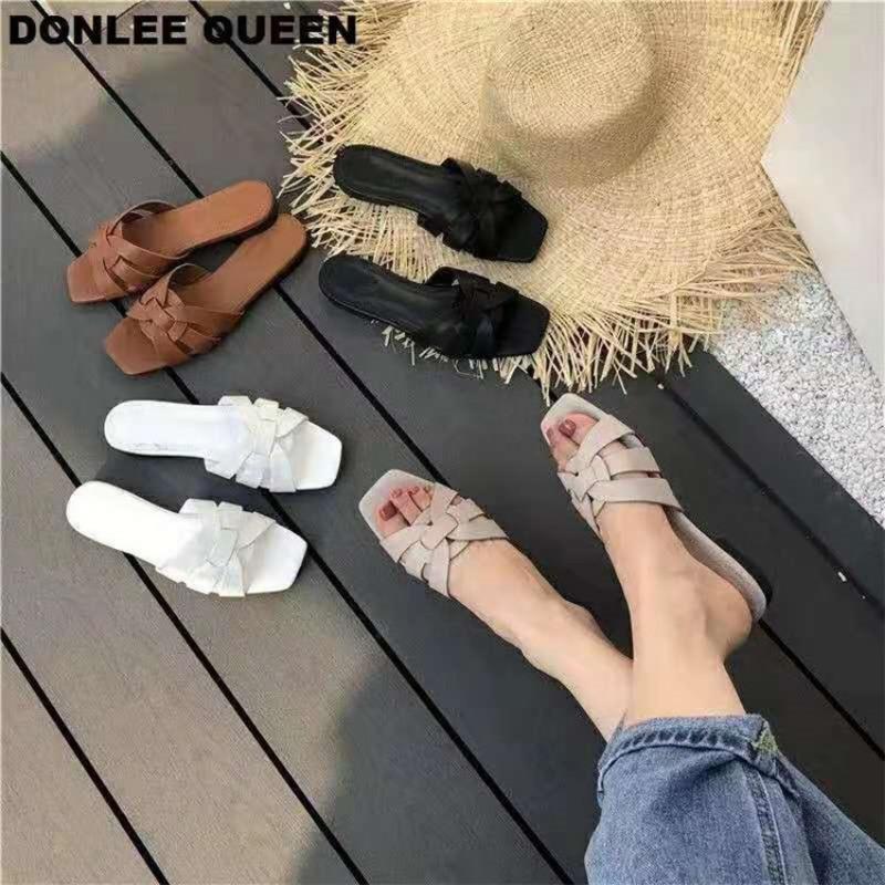 Summer new sandals large size flat bottom square head casual hollow beach shoes women's slippers snals