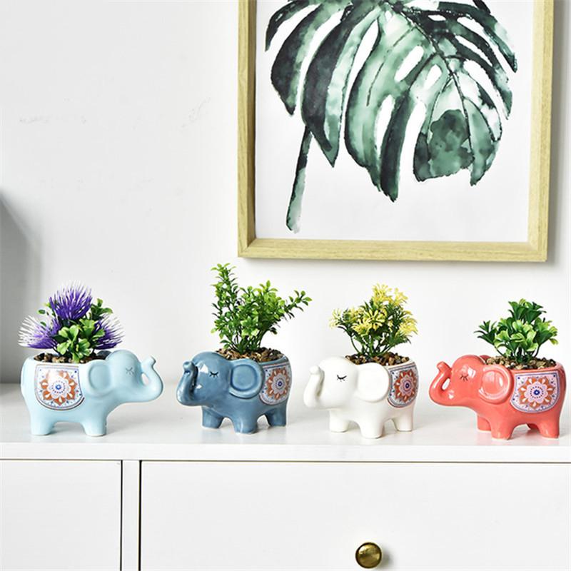 Creative Ceramic Elephant Succulent Planter with Drainage Hole Cute Mini Flower Pot Indoor Outdoor Desktop Garden Decor Ornament