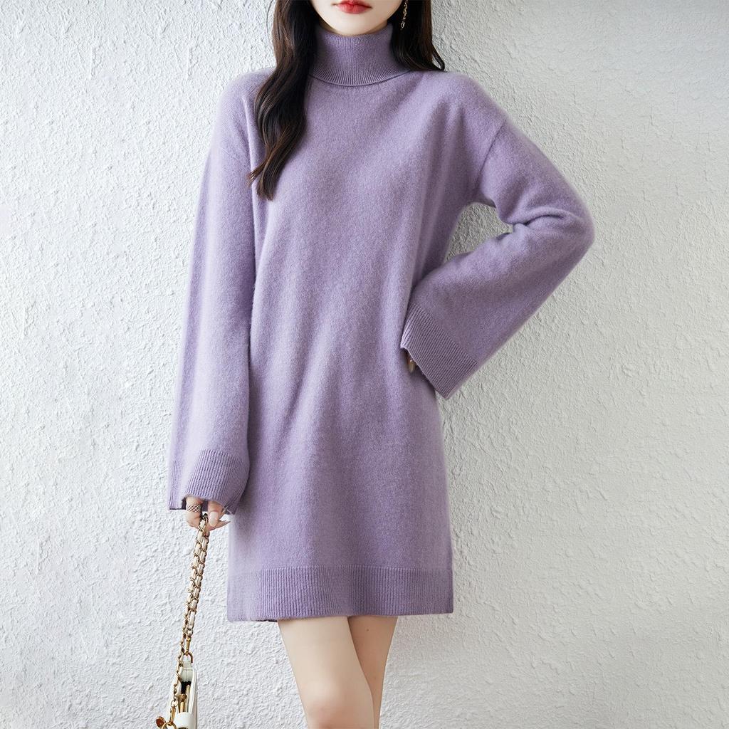Women's High Neck Loose Fit Wool Maxi Dress with Bell Sleeves - Autumn/Winter Collection