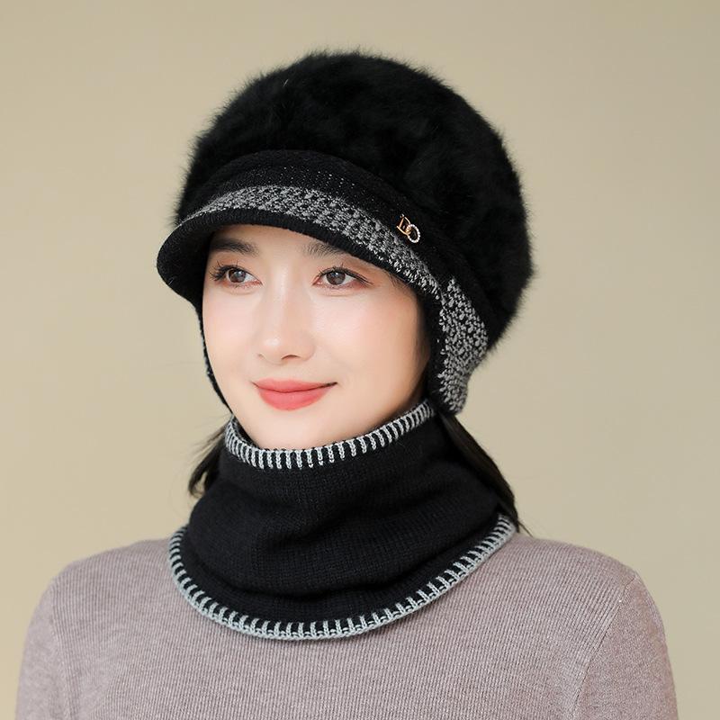 Dicke warme Wintermütze für Damen, Ohrenschützer Kaninchenfell Strickmütze, Kälteschutzmütze zum Reiten