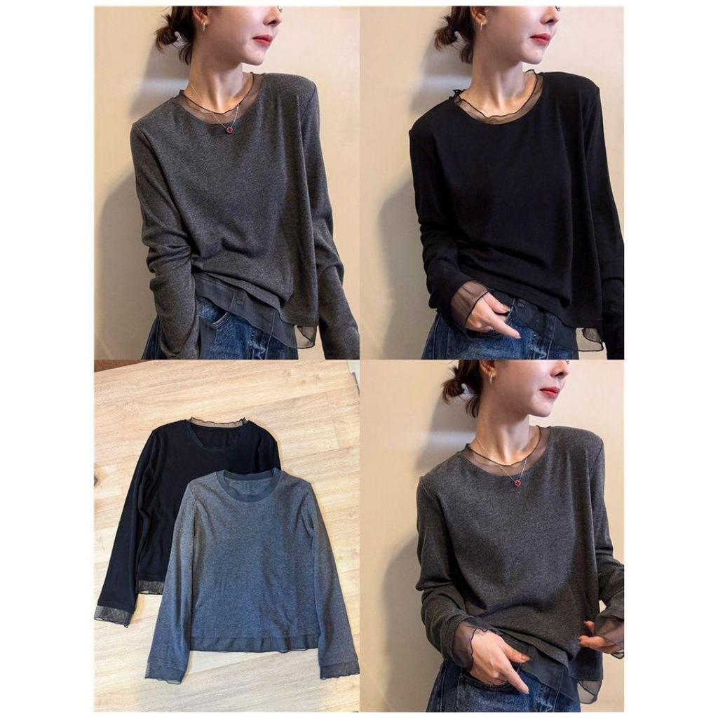 Plus Size Velvet Korean Style Long Sleeve Slimming Top for Women - Autumn/Winter Loose Mesh Patchwork Warm Top