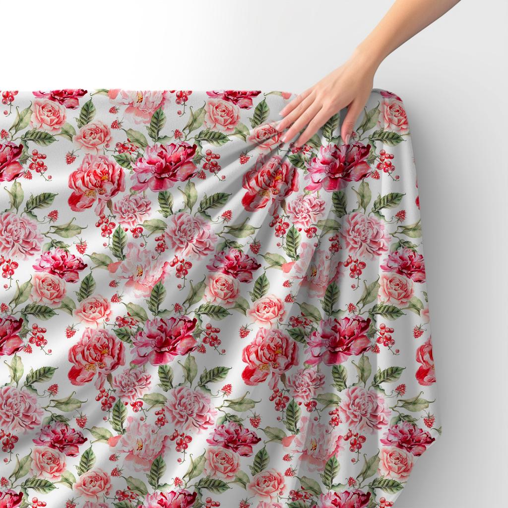 Royal Samt Stoff Polyester Zum Nähen - Motiv Rosen Und Johannisbeeren