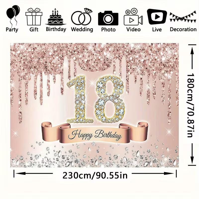 

2D Flat Rose Gold Glitter & Diamond 18th Birthday Photo Booth Background 47.2x31.5inch/120*80cm