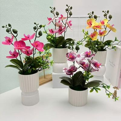Mehrfarbige Schmetterlingsorchidee Künstliche Blumen Accessoires Kunststoff Simulation Bonsai Grüne Blätter Weißer Blumentopf