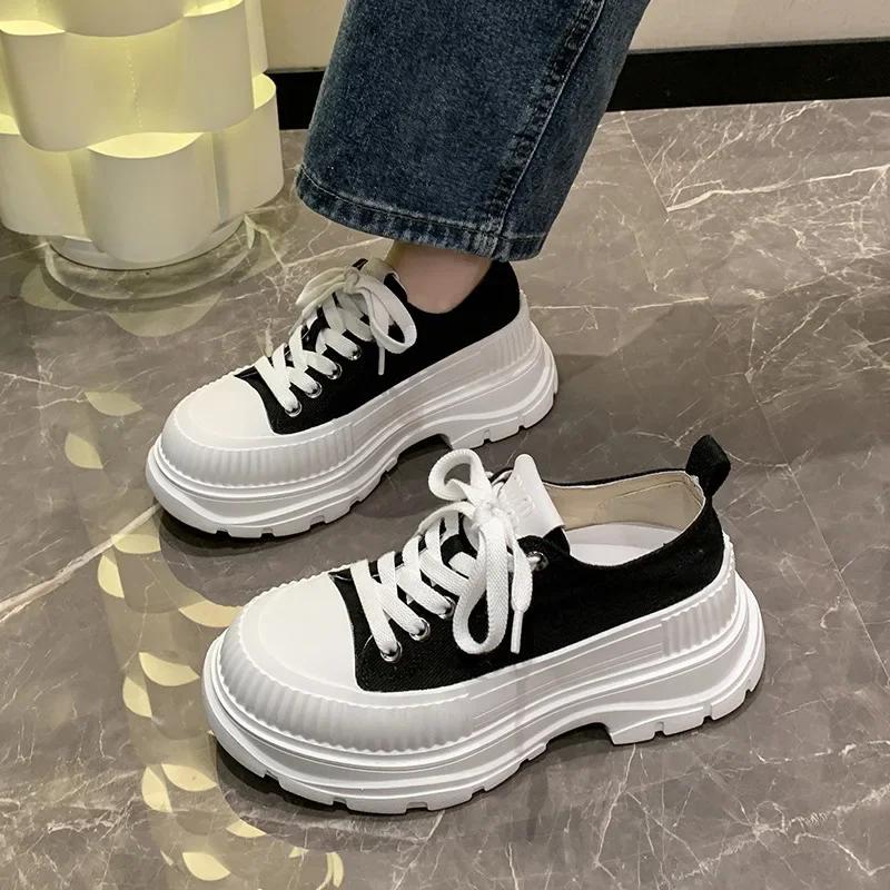 

Дропшиппинг Женские вулканизированные туфли Белые толстые каблуки Холщовые кроссовки Женская обувь Повседневные весенне-осенние кроссовки на шнуровке для дам 35 чёрный