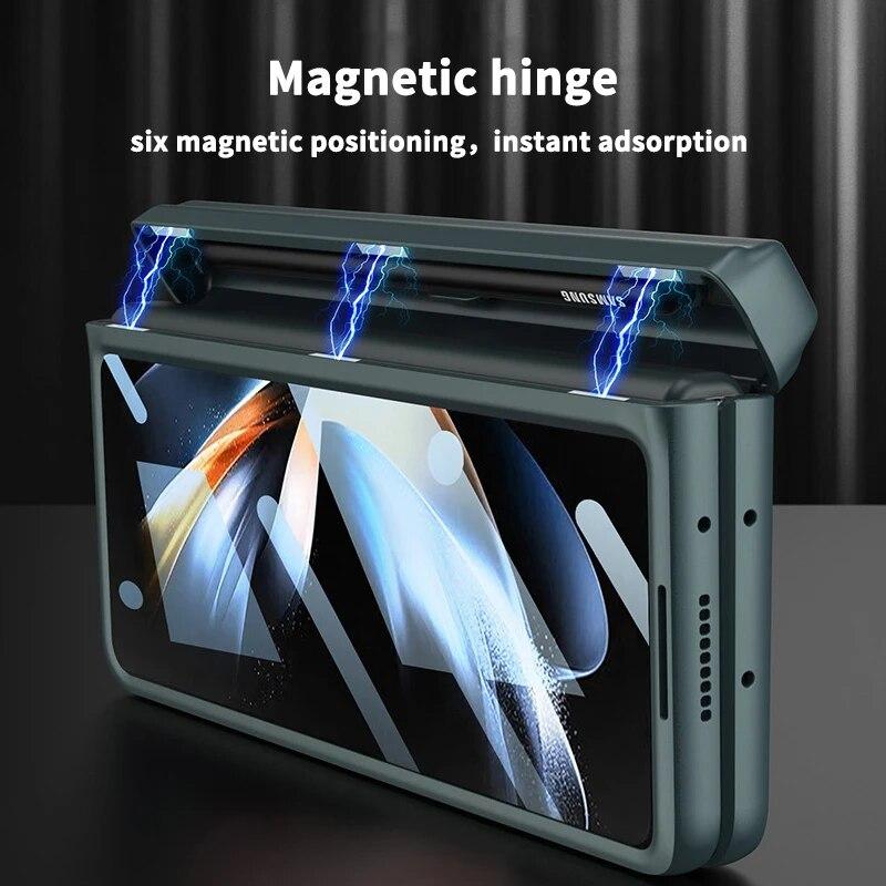 Supporto Magnetico Pieghevole Portapenne Cerniera Cover per Samsung Galaxy Z Fold 5 4 3 5G Cover Rigida in PC Pellicola in Vetro per Z Fold3 Fold4 Fold5