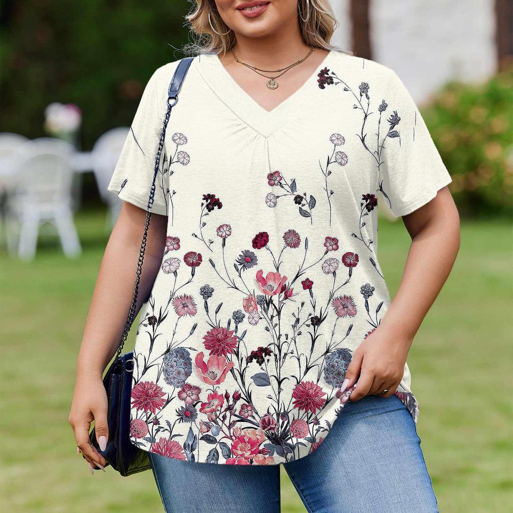 Women's Plus Size Fashionable Casual Loose-Fit Short Sleeve Elegant V Neck Blouse For Work