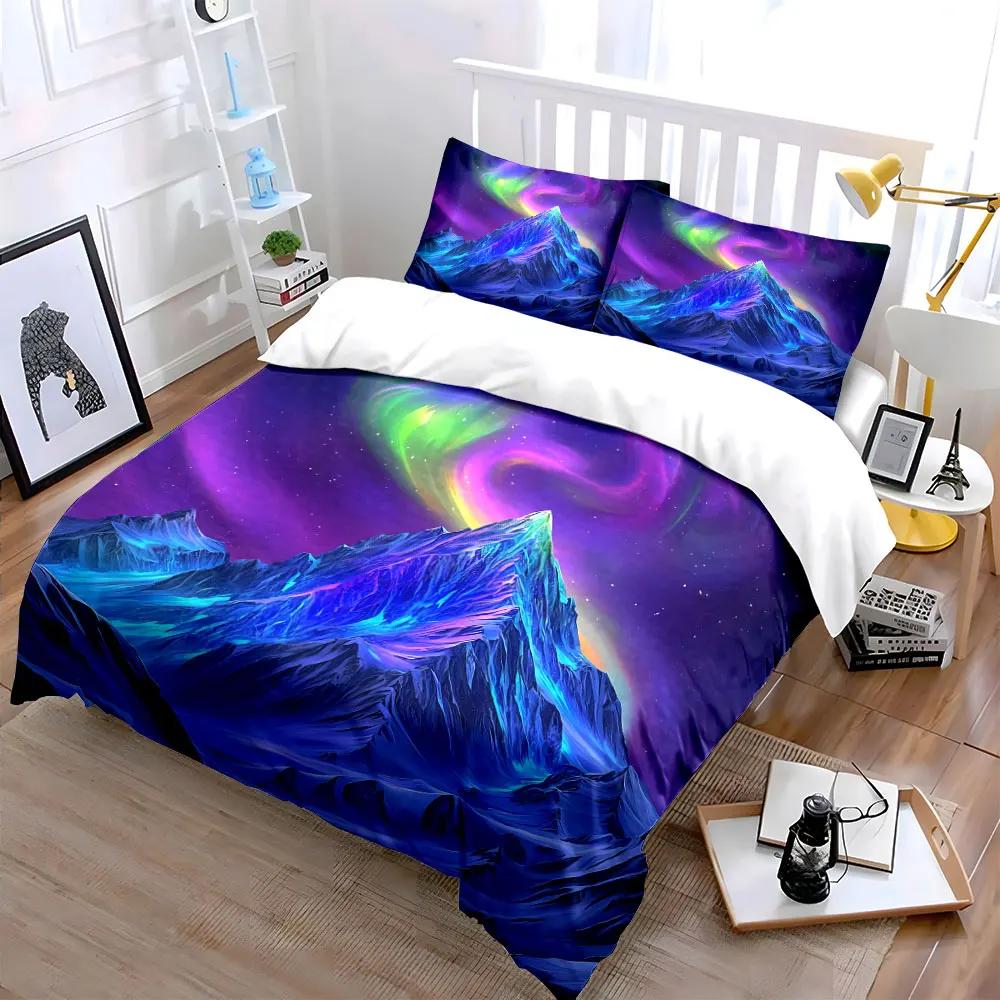 Aurora Mountain Three-Piece Art Decor Soft Comfortable Duvet Cover Bedding Set Included 1*Duvet Cover & 2*Pillowcases gift