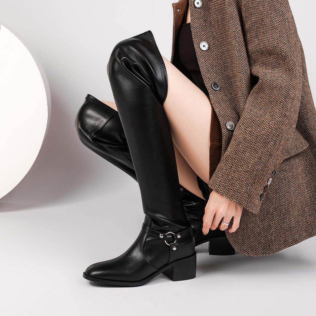 Krazing Pot Cow Split Skin Autumn Round Toe Winter Shoes Med Heels Equestrian Boots Big Size 45 Size 44 Size 46 Women Keep Warm Over-the-knee Boots