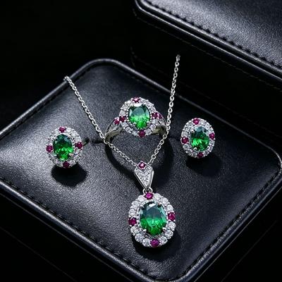 Jewelry Set Cultivation Emerald Necklace Pendant Women's Light Luxury High-end Green Zircon Ring Ear Ding Jewelry